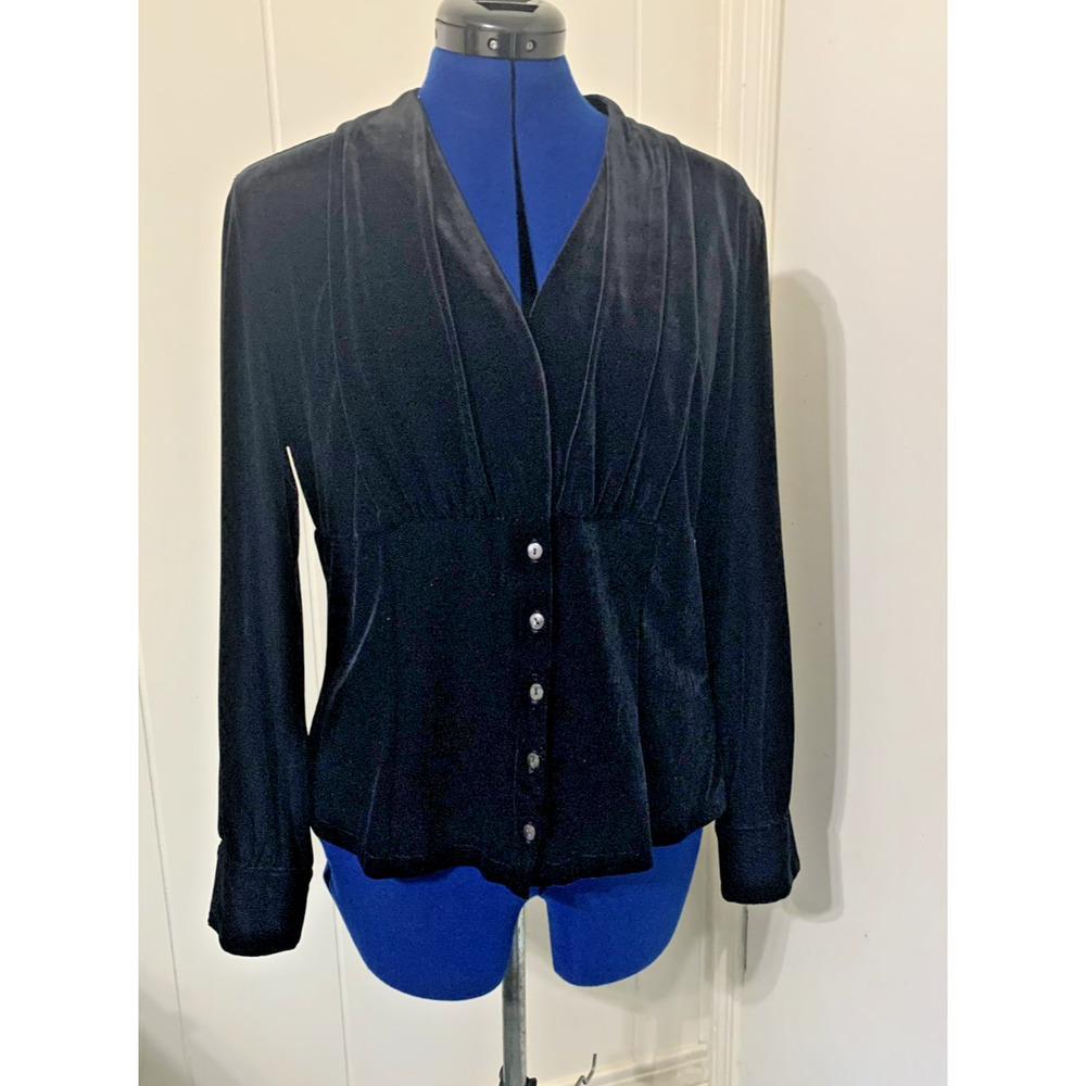 Vintage Talbots Black Velvet Babydoll Button Up Blouse Large 90 s Y2K Whimsigoth
